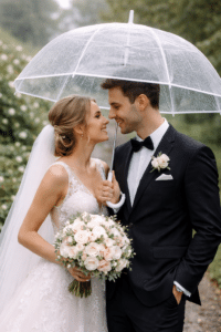 brudepar under gennemsigtig paraply i regn til bryllup
